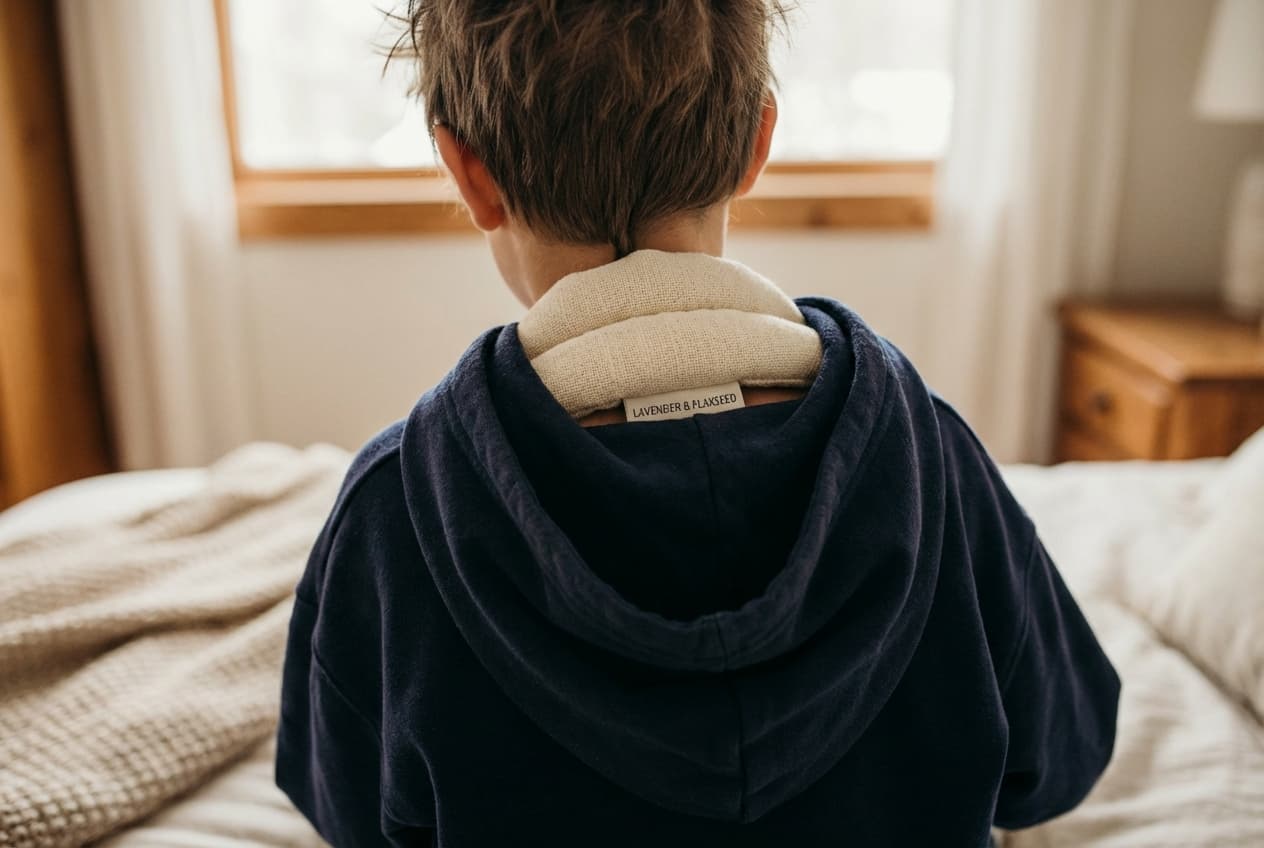 Someone seen from behind in a navy hoodie, with a padded cream insert resting around the back of the neck